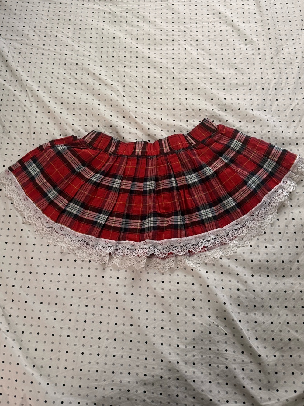 Red Plaid Mini Skirt with White Lace Trim